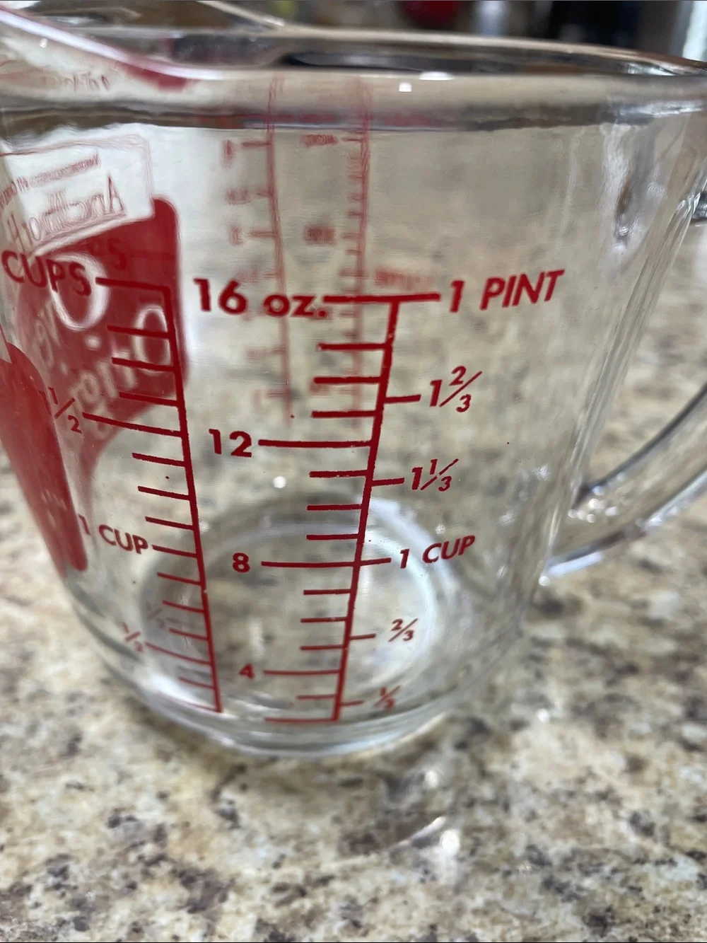 Anchor Hocking Oven Originals 498 RED Lettering 2 Cup Clear Glass Measuring Cup.
